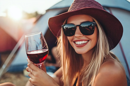 Enjoying wine at a campsite sunset, a Person Photo by Beautiful things
