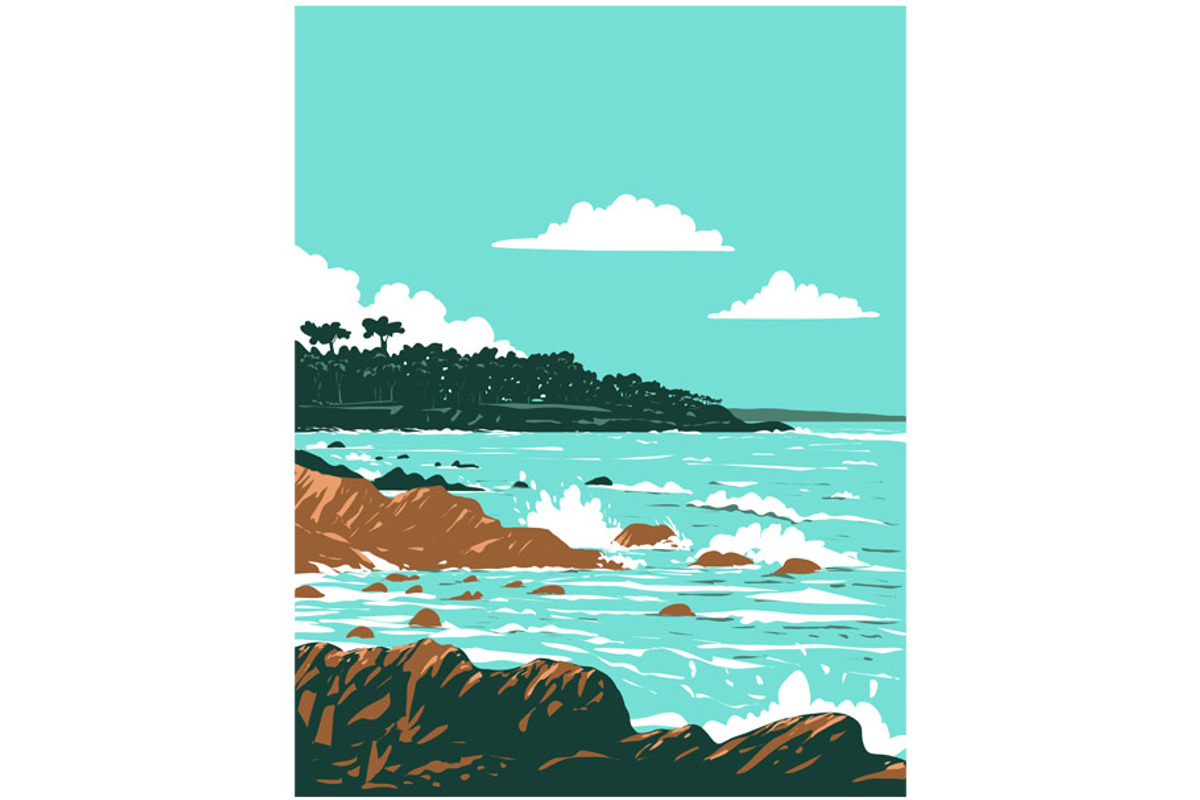 Pebble Beach from 17 Mile Drive WPA, an Illustration by patrimonio