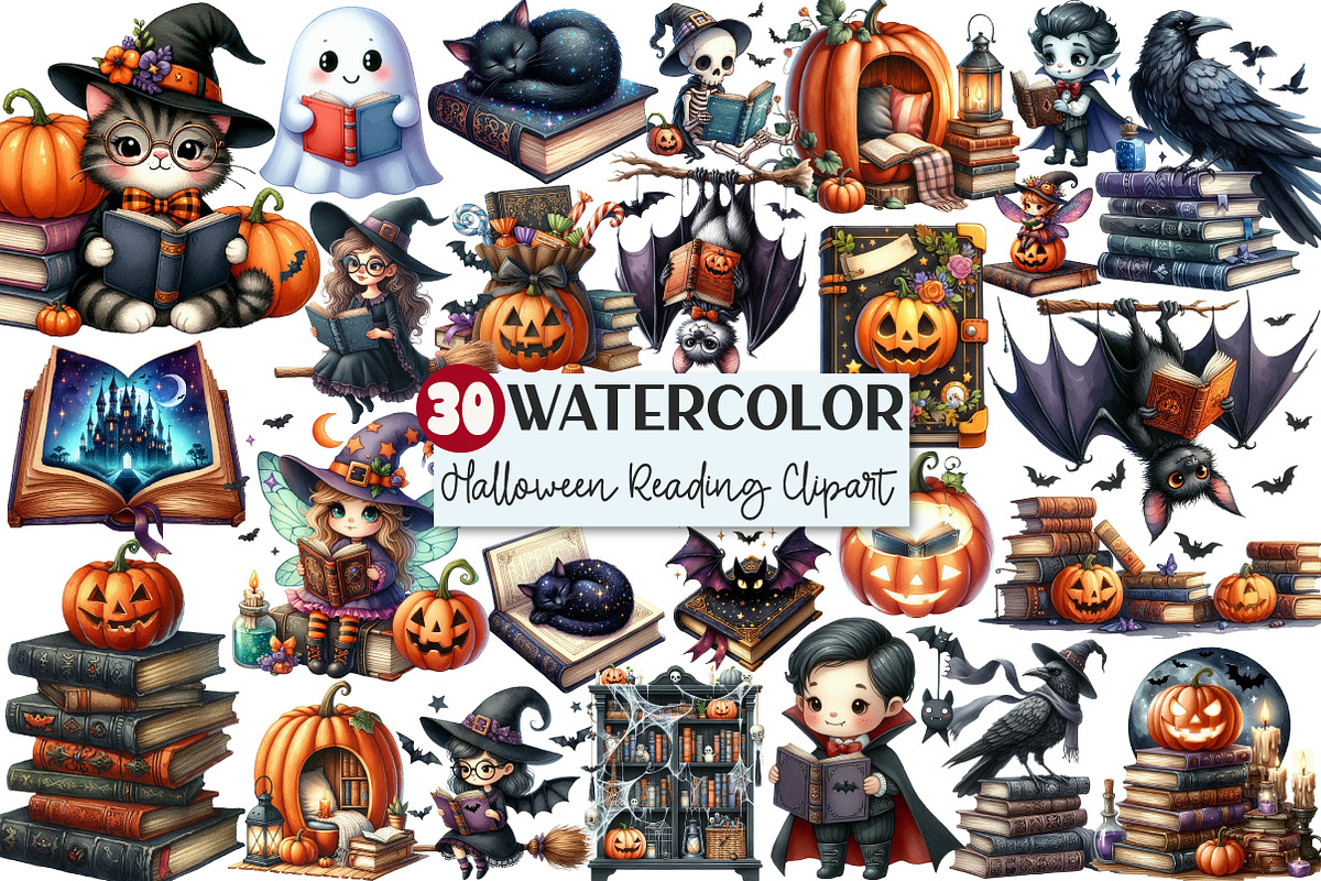 Halloween Reading Clipart, a Seasonal Illustration by Rose Art (Photo 1 of 7)