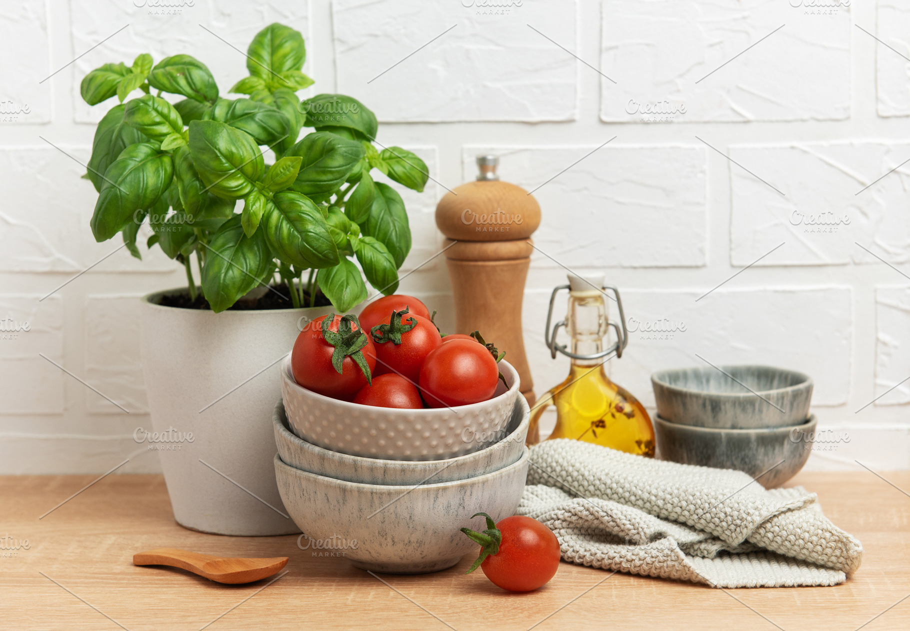 Fresh cherry tomatoes and basil creating a vibrant culinary scen, a Food & Drink Photo by Olena Rudo