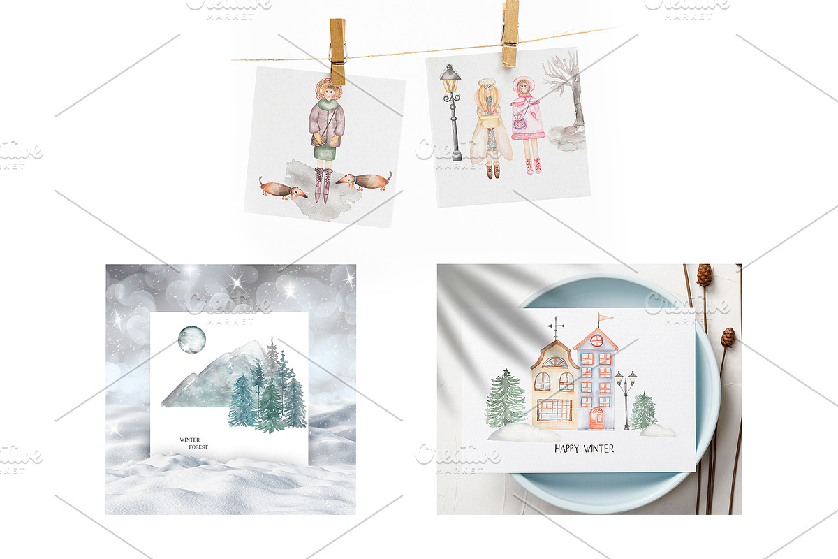 Watercolor Winter Town Collection, a Person Illustration by MayaNavits (Photo 7 of 10)