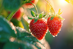 Dew-kissed strawberries ripening on the vine in the morning light, a Food & Drink Photo by AlyaAnd