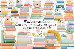 Watercolor Stack of Books Clipart, an Illustration by Libby Wishes