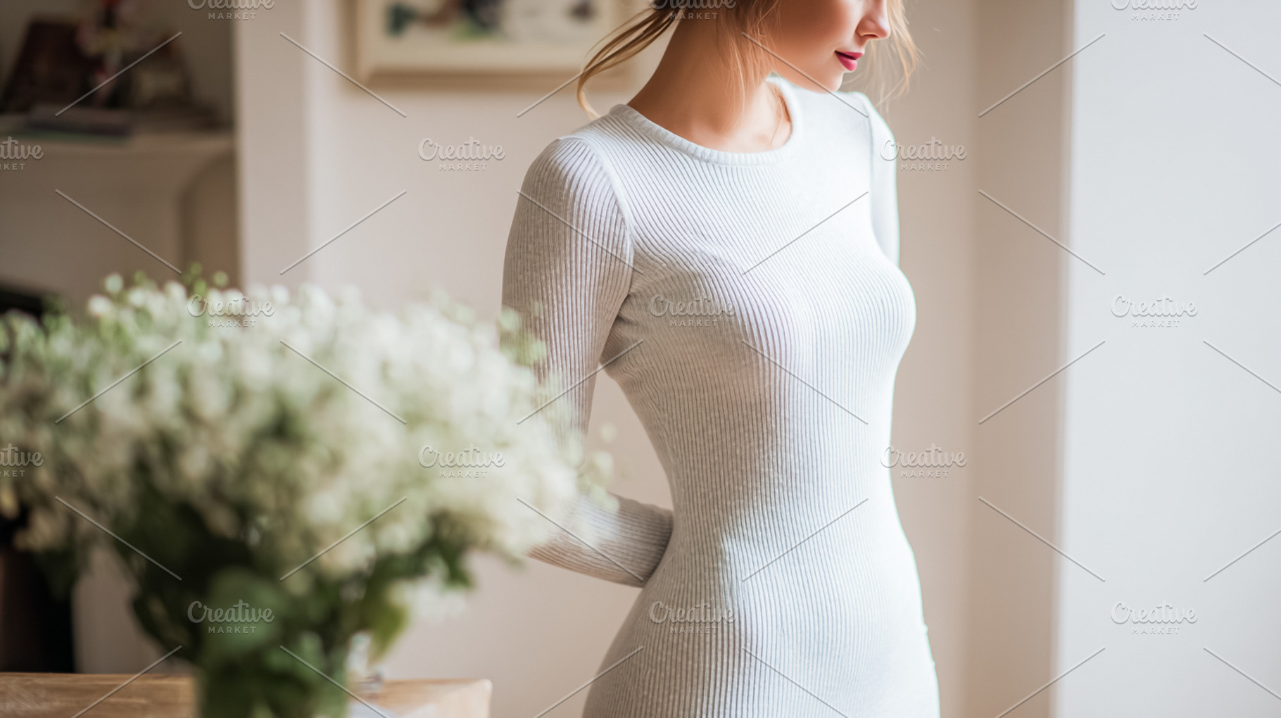 Woman wearing ribbed white dress standing gracefully by window,, a Photo by Studio ANNA