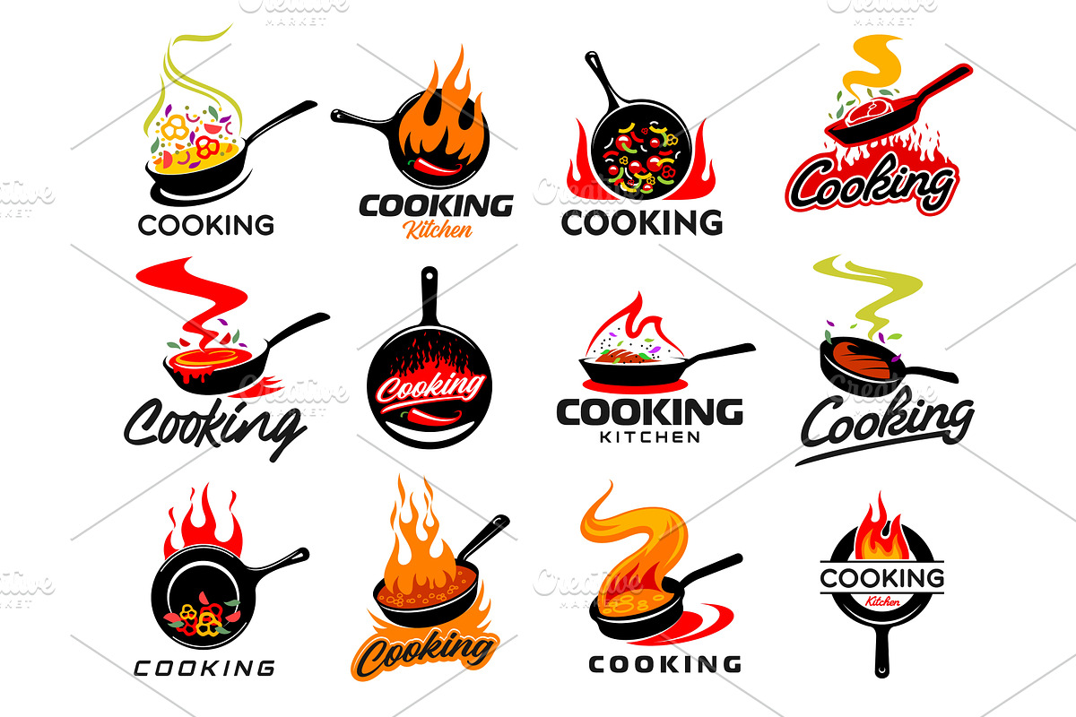 Cook pan or skillet icons, a Food Illustration by Vector Tradition