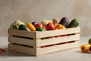 Fresh vegetables in a wooden crate, a Photo by Beautiful things
