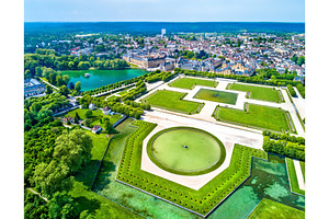Aerial view of chateau de fontainebleau with its gardens a unesco world, an Architecture Photo by Leonid Andronov