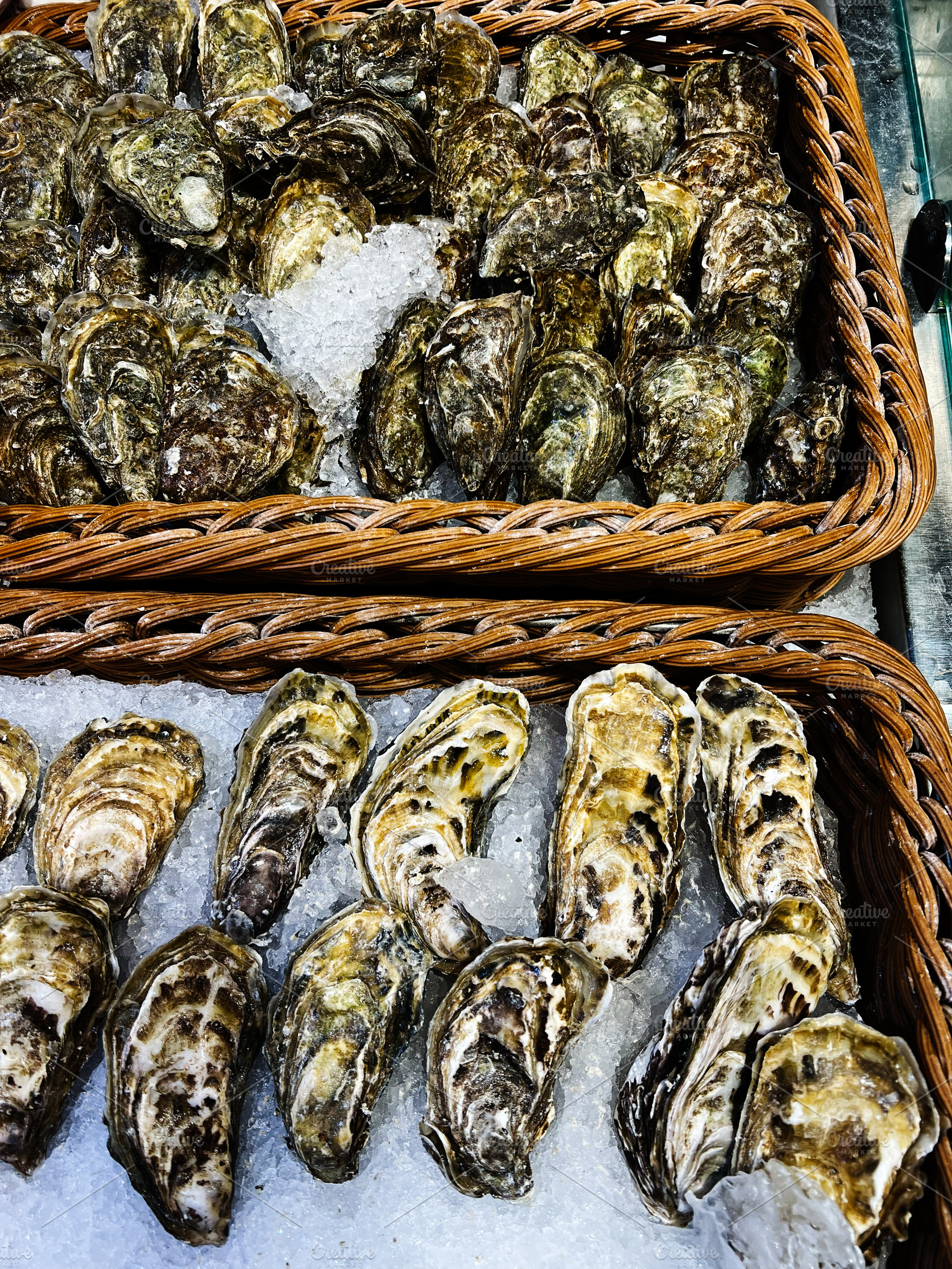 Fresh oysters displayed on ice in a market setting for sale, a Photo by AS photostudio