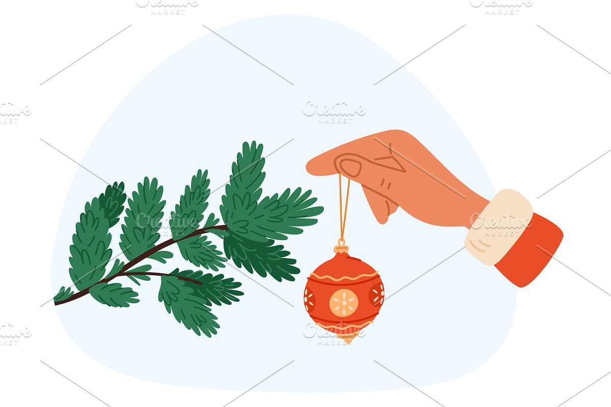 Hand hangs Christmas red balloon on, an Illustration by Vectorbuum