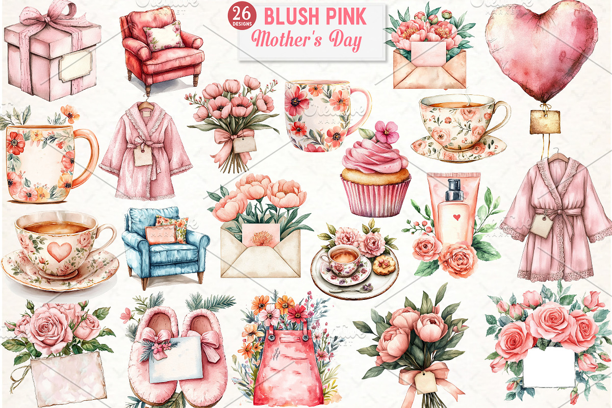 Blush Pink Mother's Day Clipart, an Illustration by Watercolor design (Photo 1 of 10)