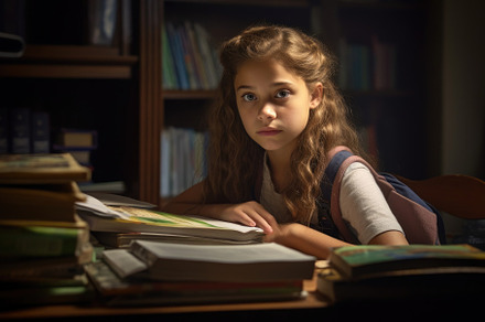 Environmental portrait of a caucasian girl student sitting at a, a Person Photo by designvectx