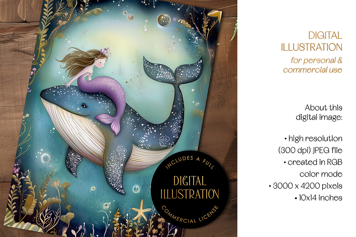 Mermaid & Whale Illustration, an Animal Illustration by The Dutch Lady Designs (Photo 2 of 4)