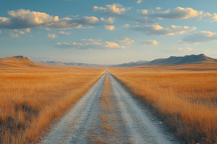 Dirt road stretches through golden p, a Photo by Tanuart