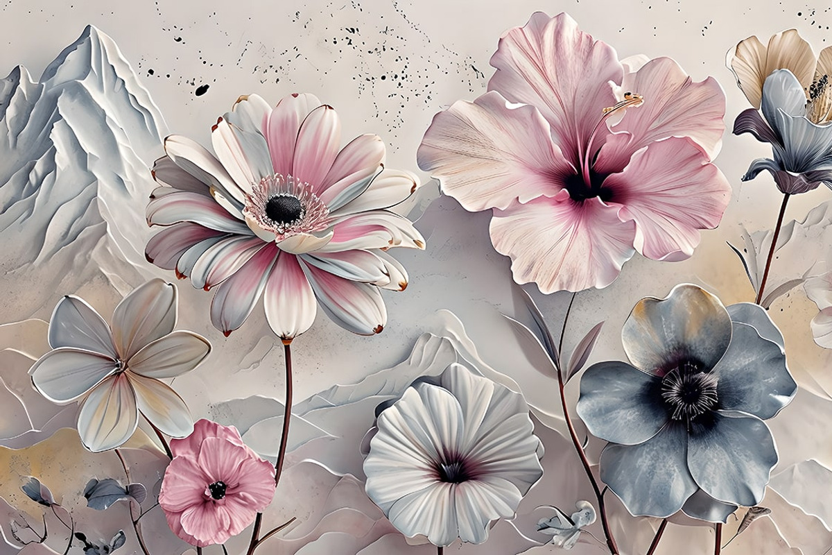 Flowers against a mountain landscape, an Illustration by Liubovi Samoilova SHOP