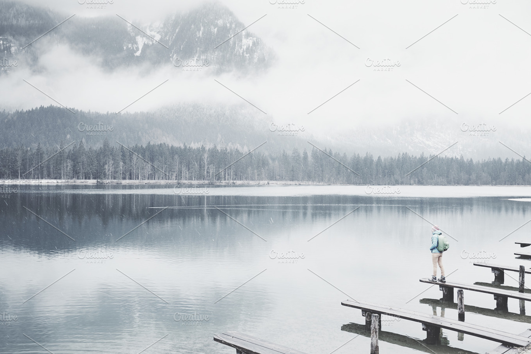 Tourist at winter mountain lake containing active, activity, and adventure, a Nature Photo by Sergey Furtaev