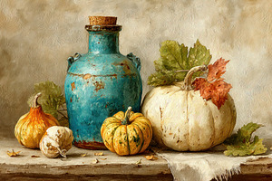 Still life with pumpkins gourds garlic and rustic blue jug on ag, a Food & Drink Photo by José Manuel Gelpi