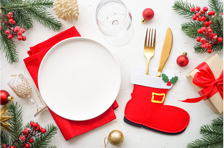 Christmas table setting. White plate, a Food & Drink Photo by Nadia-nb