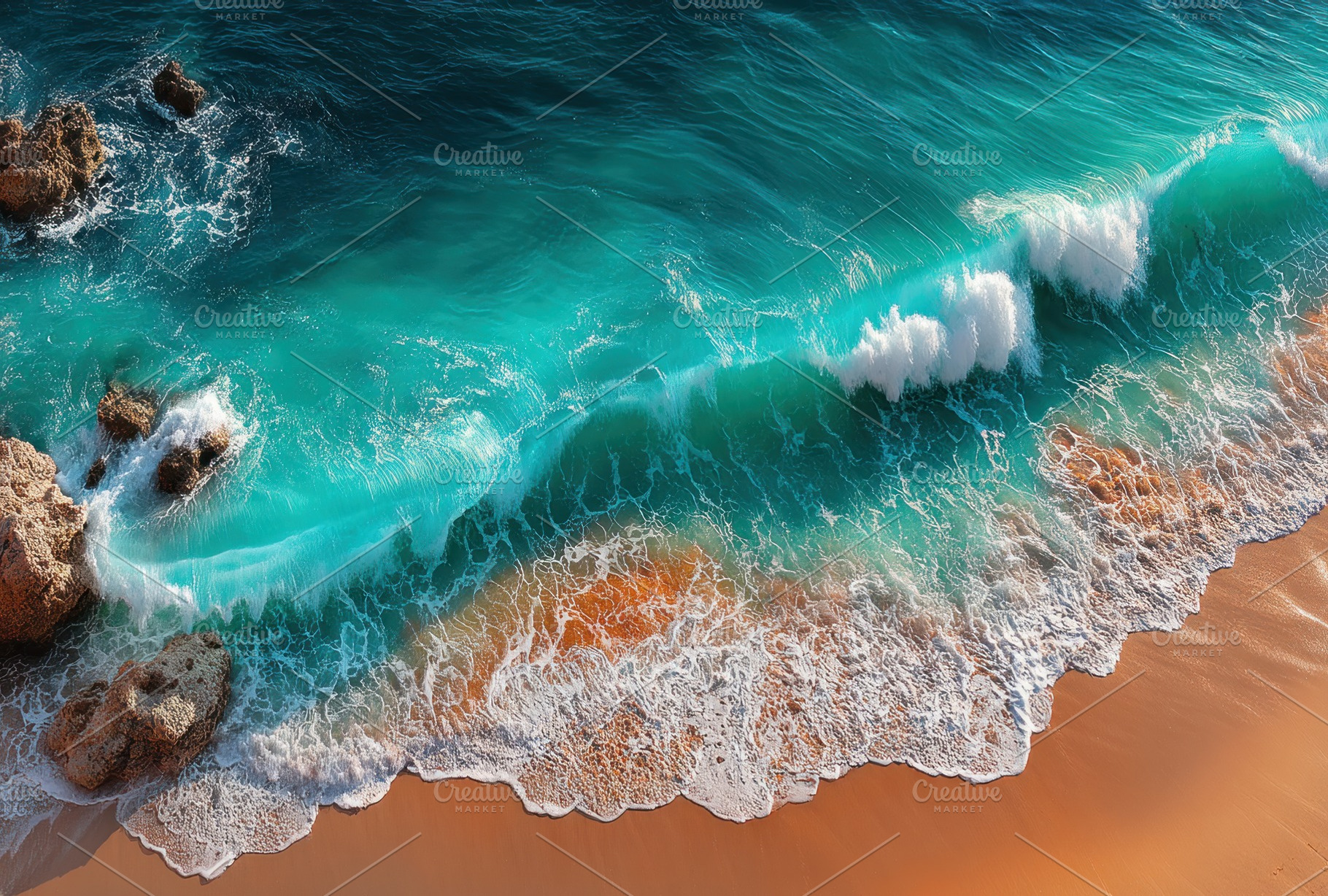 Top view of turquoise ocean waves crashing on golden sand beach, a Holiday Photo by José Manuel Gelpi