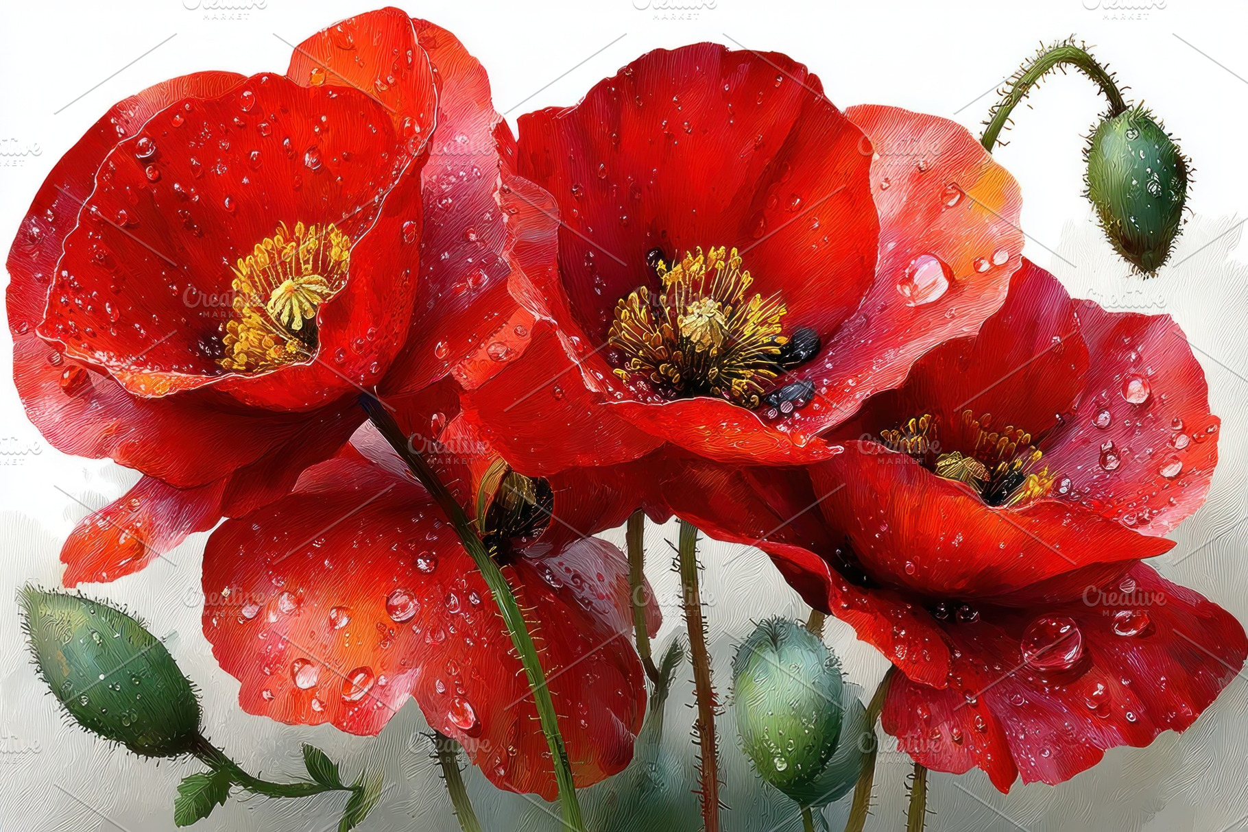 Closeup of vibrant red poppy flowers with raindrops on petals an, a Nature Photo by José Manuel Gelpi