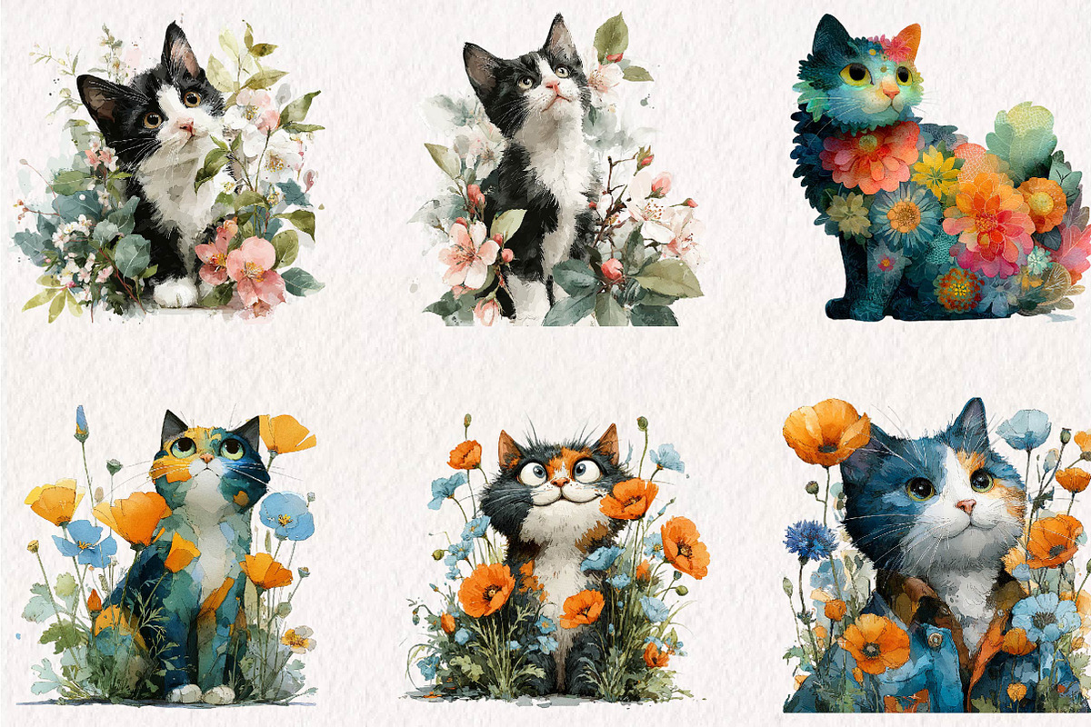 Floral Cat and Dog Clipart Bundle, a Seasonal Illustration by CreationArt (Photo 2 of 7)