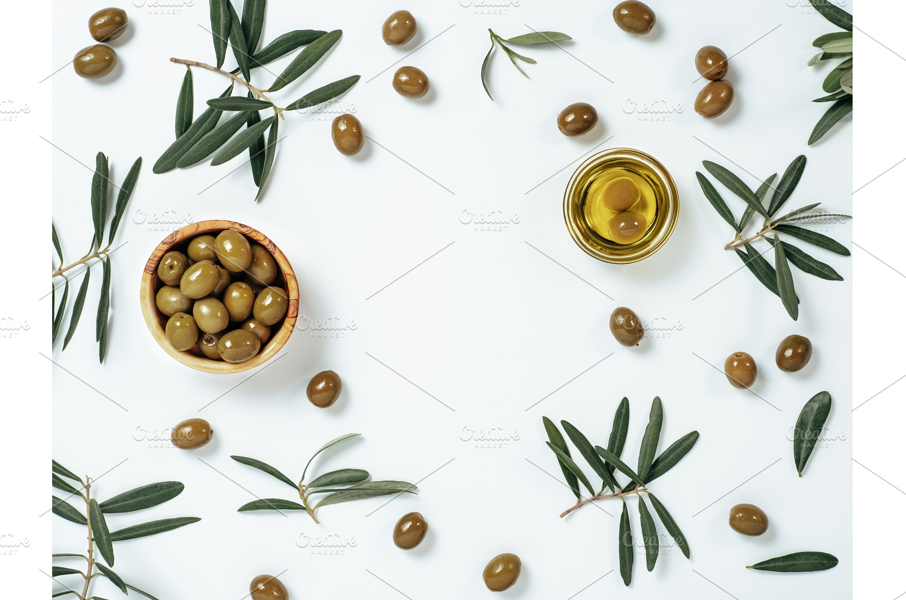 set of olives and olive oil on white, a Food & Drink Photo by Fascinadora