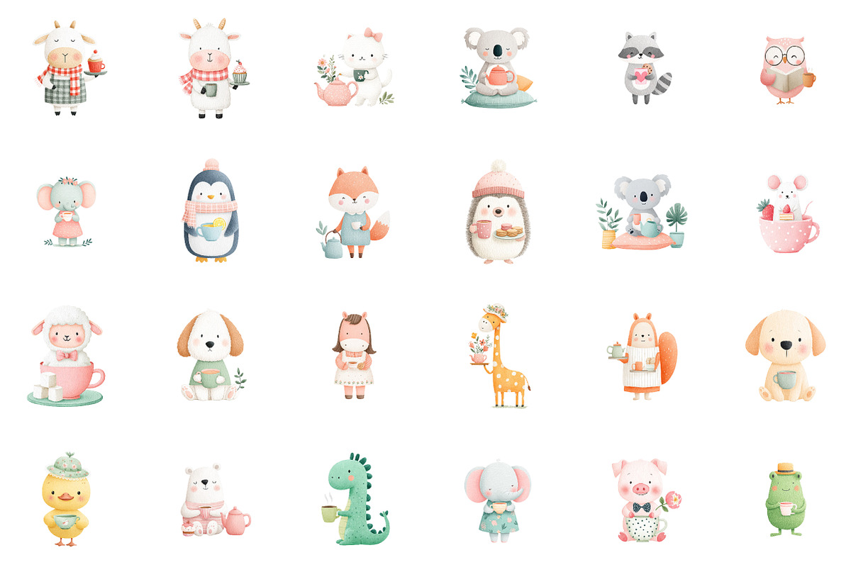 Pastel Animals Tea Party Clipart Set, an Illustration by Sublimation Artist (Photo 2 of 6)