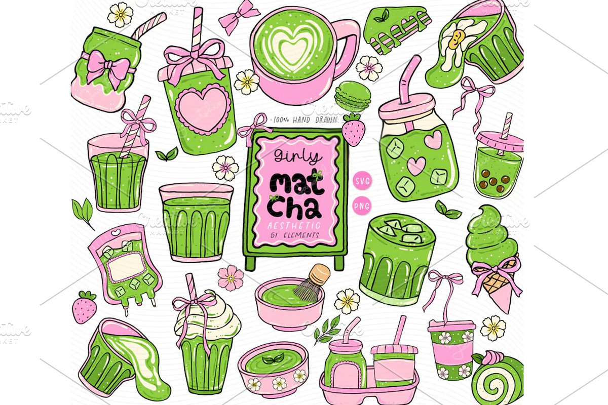 Girly Matcha Aesthetic Clipart, a Food Illustration by Stellalunarts (Photo 1 of 4)