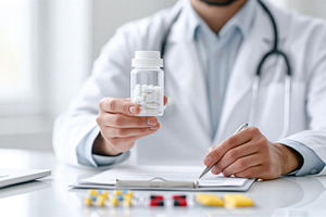 Doctor holding medicine bottle, a Health & Medical Photo by 7DesignLab