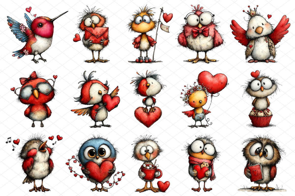 Whimsical Valentine Birds Clipart, an Illustration by cherrydesign (Photo 3 of 4)