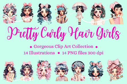 Curly Haired Girls Clip Art PNG set