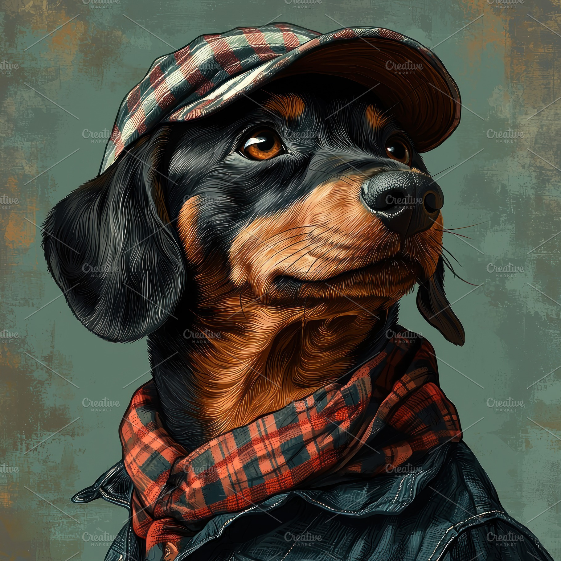 Dachshund dog wearing plaid cap and scarf with denim jacket on g, a Nature Photo by José Manuel Gelpi