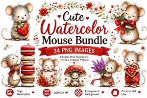 Cute Watercolor Mouse Bundle, an Animal Illustration by Craft Nest
