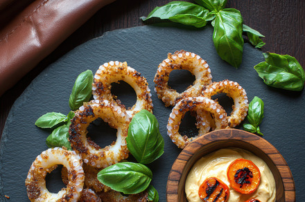 Crispy Calamari Served with Sauces, a Food & Drink Photo by Virgo Studio