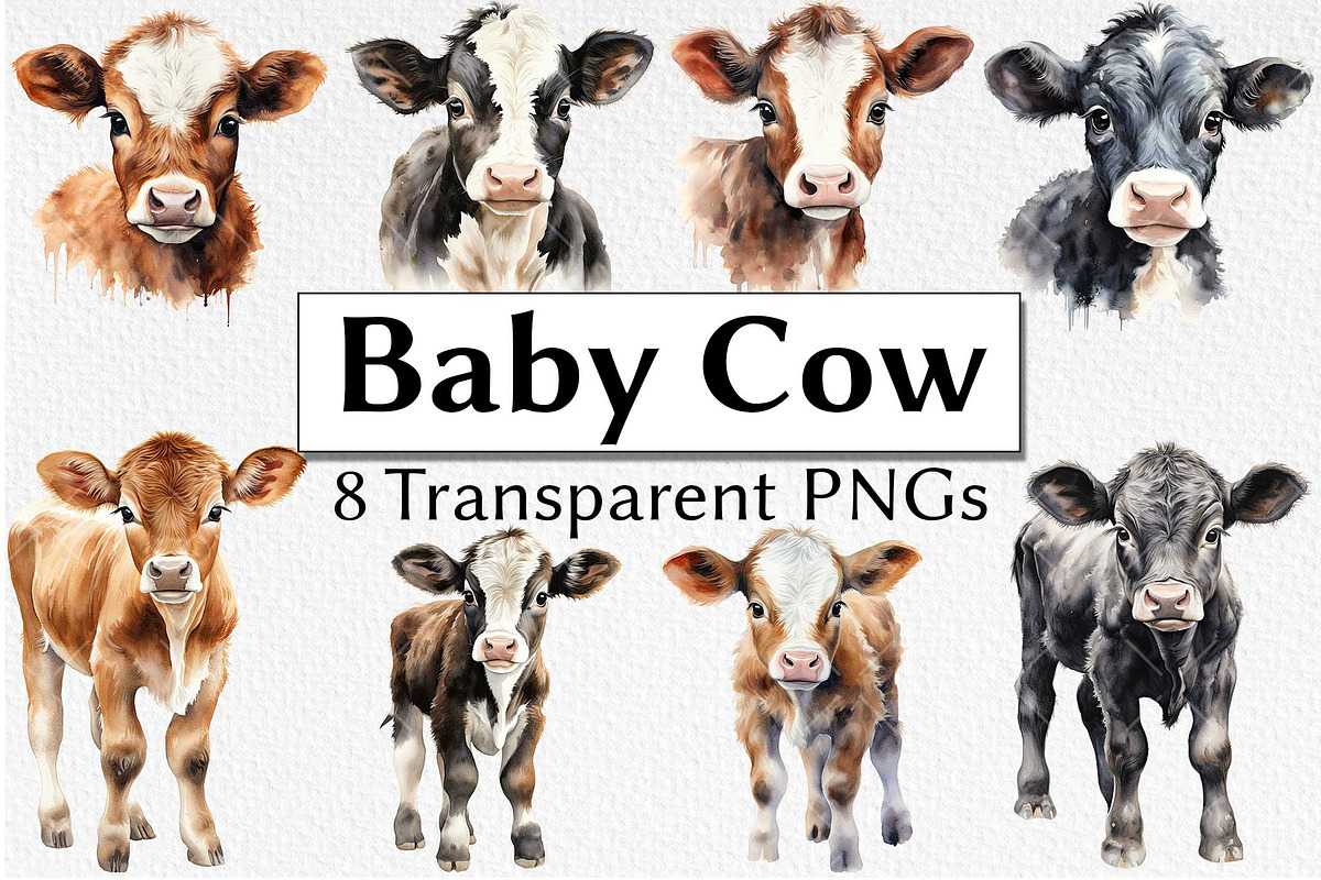 Baby Cow Watercolor Clipart, an Animal Illustration by milkghost (Photo 1 of 2)
