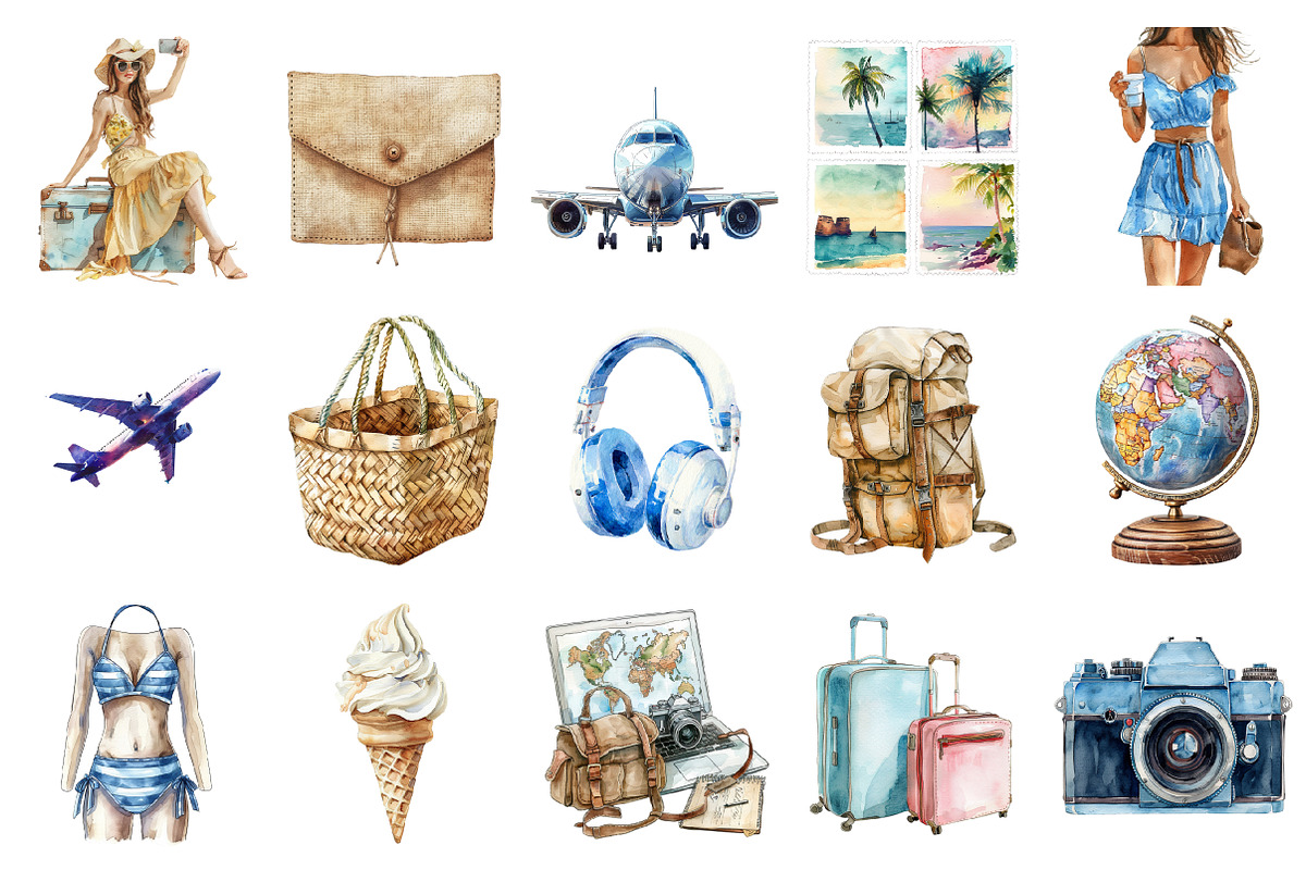 Watercolor Traveler Summer Clipart, an Illustration by Design Market (Photo 2 of 5)