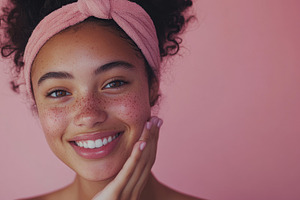 Smiling young woman with curly hair, a Photo by Beautiful things