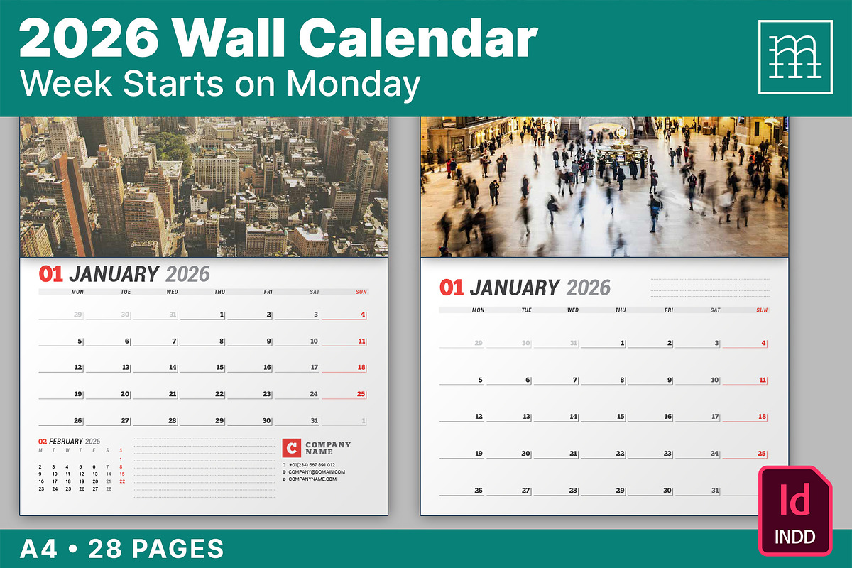 Wall Calendar 2026 (WC037-26-M), a Stationery Template by mikhailmorosin