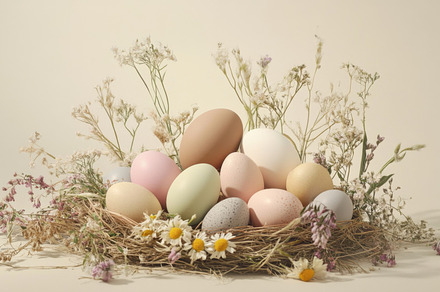 Colorful eggs arranged in a nest, a Photo by Beautiful things