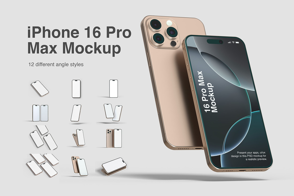iPhone 16 Pro Max Mockups, an iPhone Mockup by graphiccrew (Photo 1 of 16)