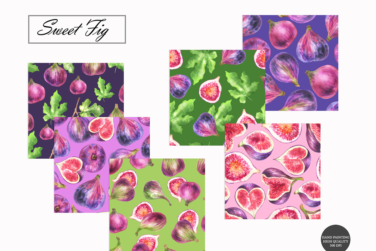 Watercolor Fig Seamless Patterns, a Food Illustration by OlDm_Shop (Photo 2 of 10)