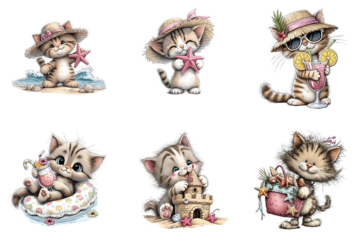 Whimsical summer cat clipart, an Illustration by SinaCreation (Photo 3 of 8)