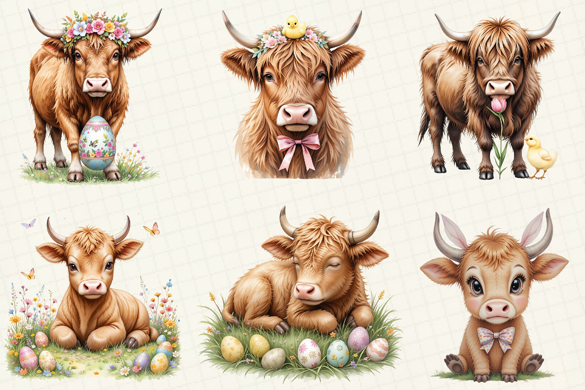 Easter Highland Cow Clipart, an Illustration by OK Design (Photo 3 of 5)