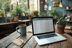 Modern workspace with laptop, coffee, notebooks, and plants in cozy home office, an Illustration by AS photostudio