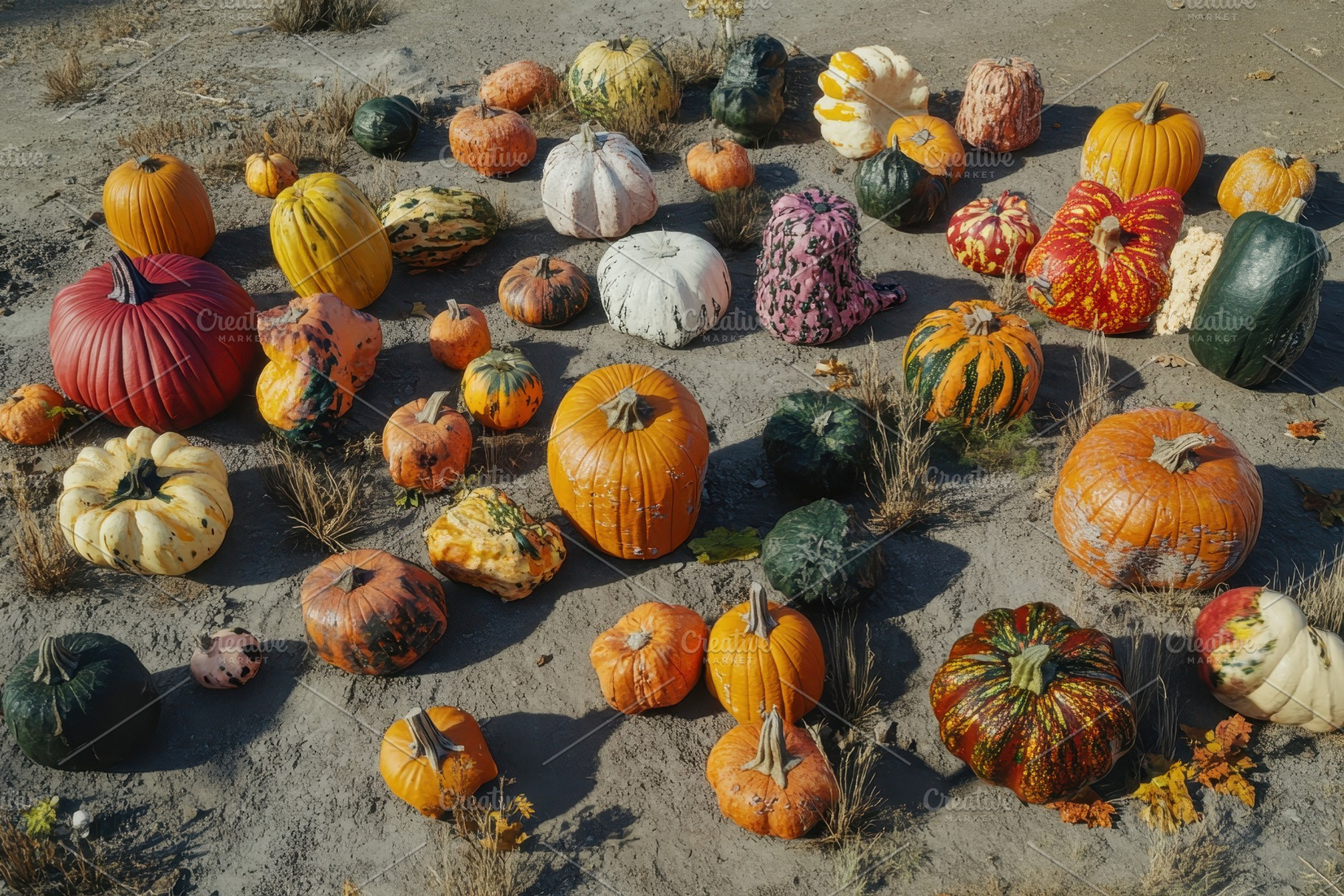 Colorful assortment of pumpkins arra, a Photo by Tanuart