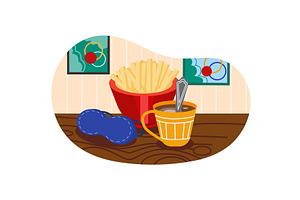 French fries in bowl, coffee cup and, a Food Illustration by vectorpointstudio