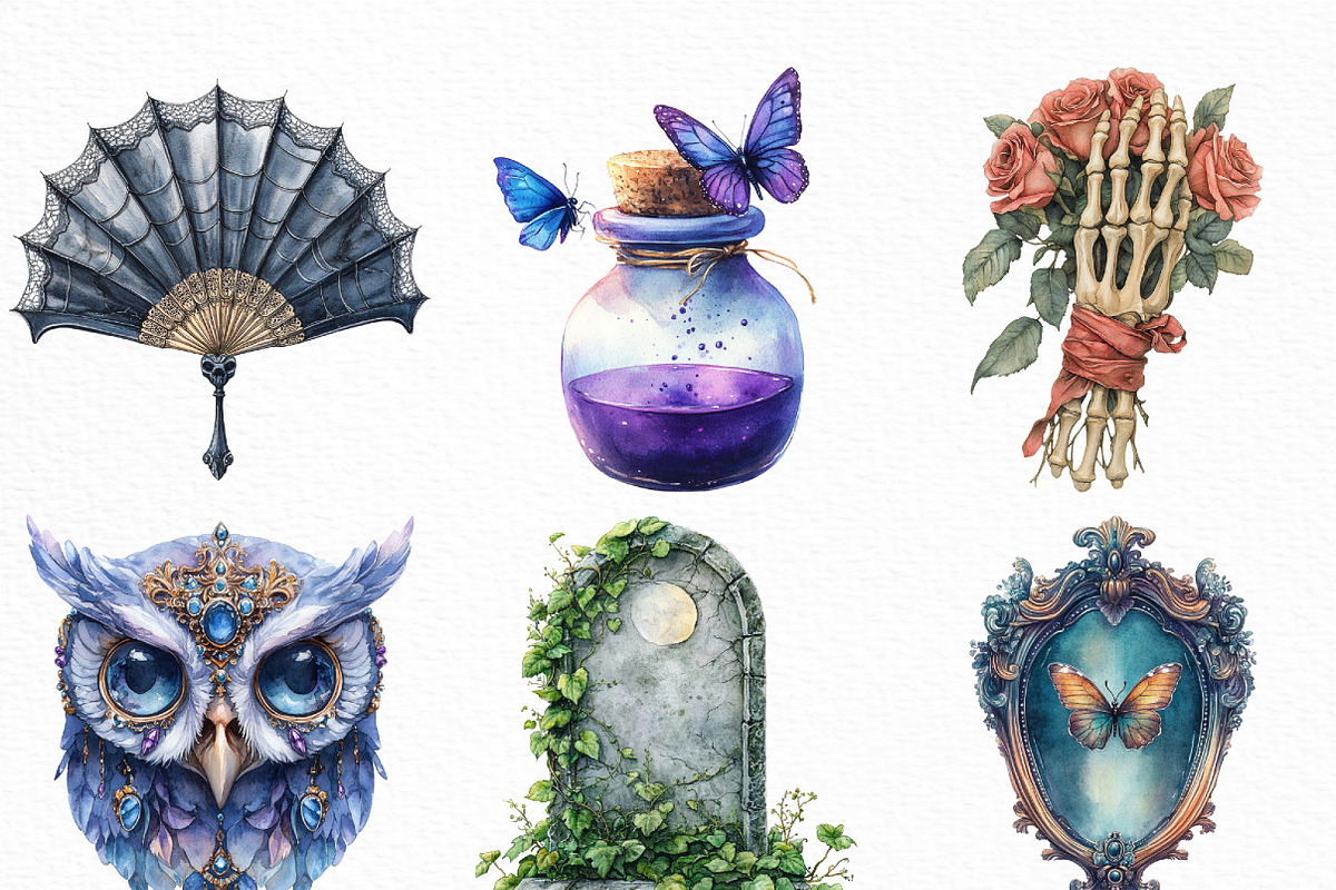 Watercolor Whimsigoth Halloween PNG, an Illustration by Craft Nest (Photo 3 of 6)