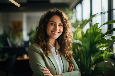 Smiling business girl in a modern op, a Photo by SaroStock