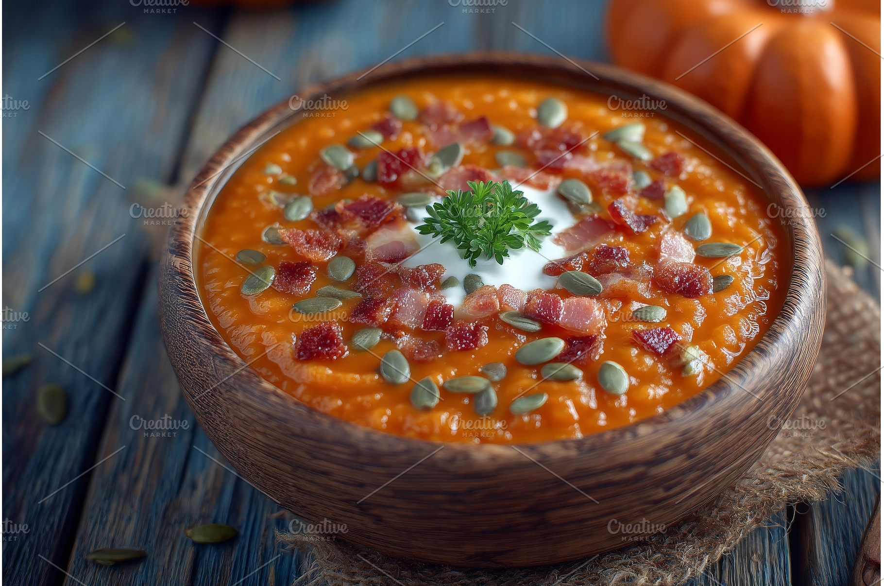 Pumpkin cream soup is garnished with, a Food & Drink Photo by ZinetroN