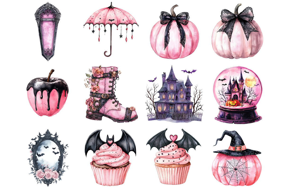 Watercolor Pink Halloween Clipart, a Seasonal Illustration by CitraGraphics (Photo 3 of 5)