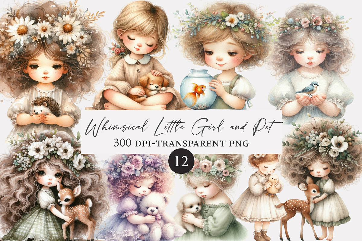 Whimsical Little Girl and Pet Clipar, an Illustration by Designworld (Photo 1 of 3)